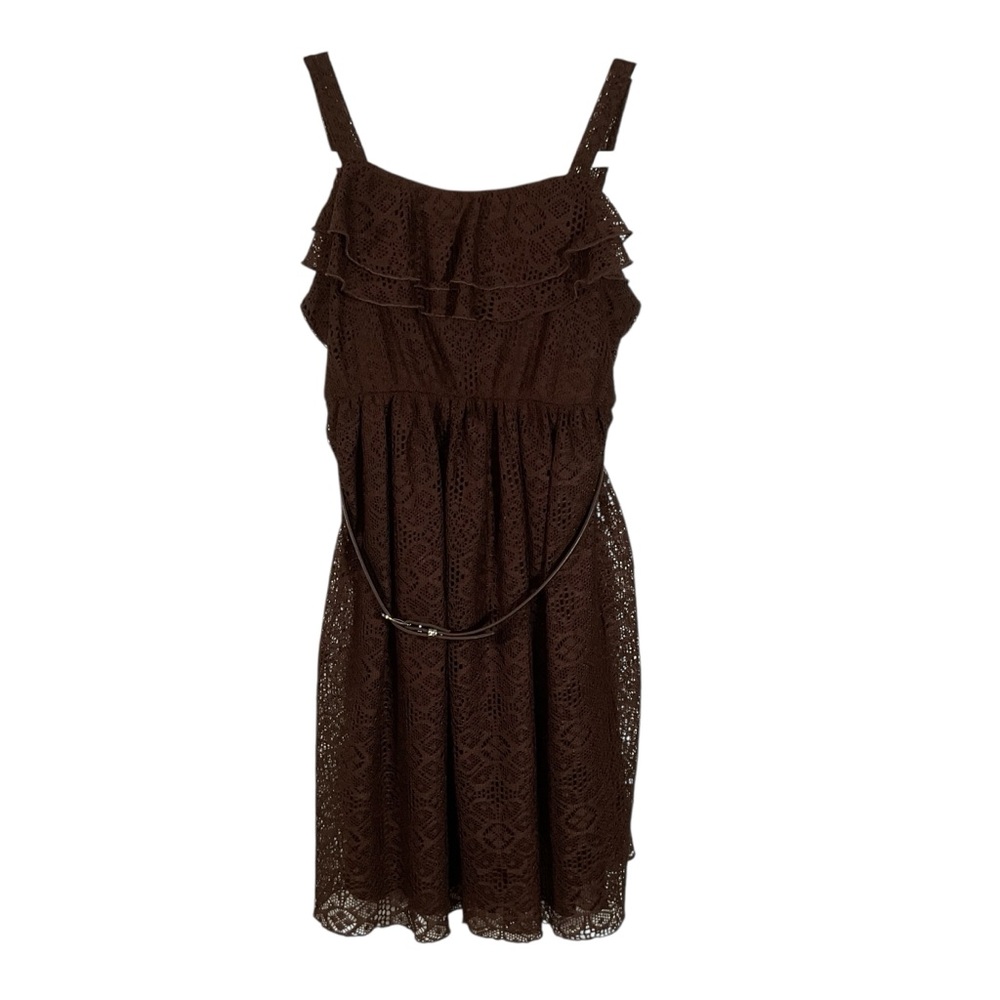 BCX Girl Brown Thin Straps Lined Lace Midi Dress With Ruffles.  Size 16